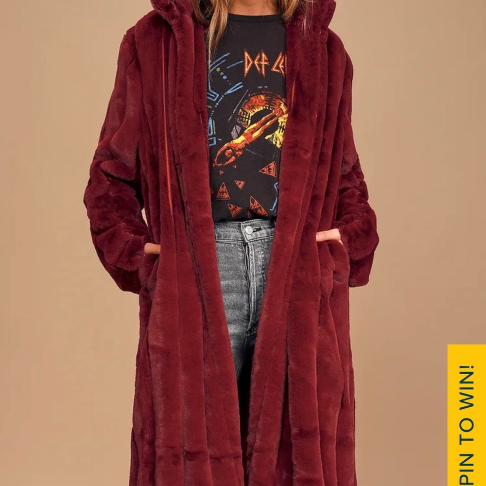 Lulus Cozy Queen Red Wine Long Faux Fur Coat